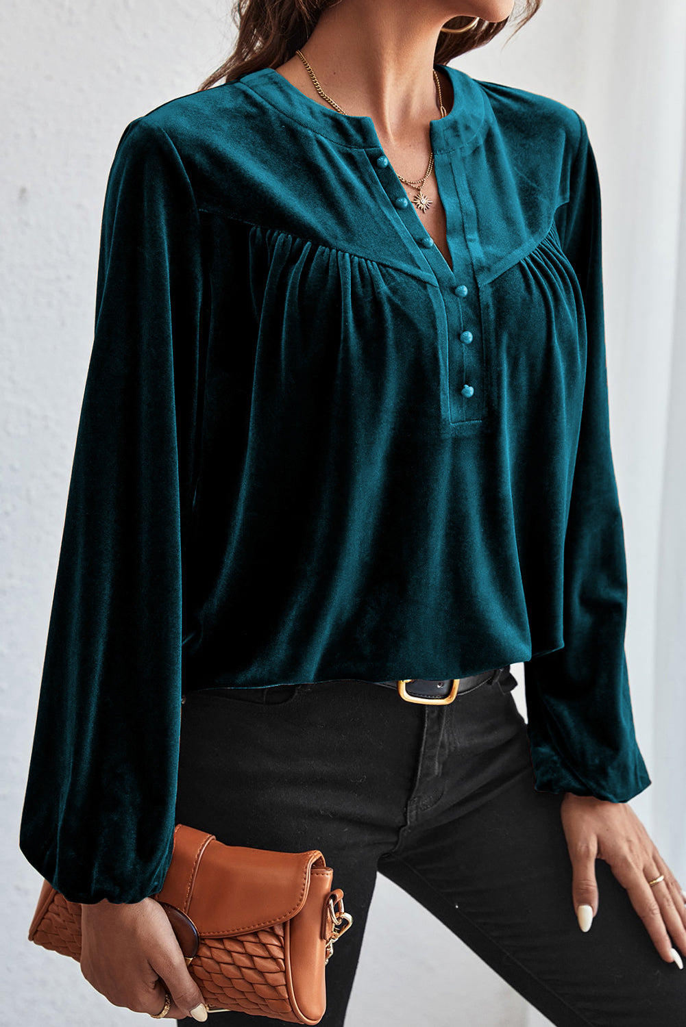 Ruched Decorative Button Notched Blouse