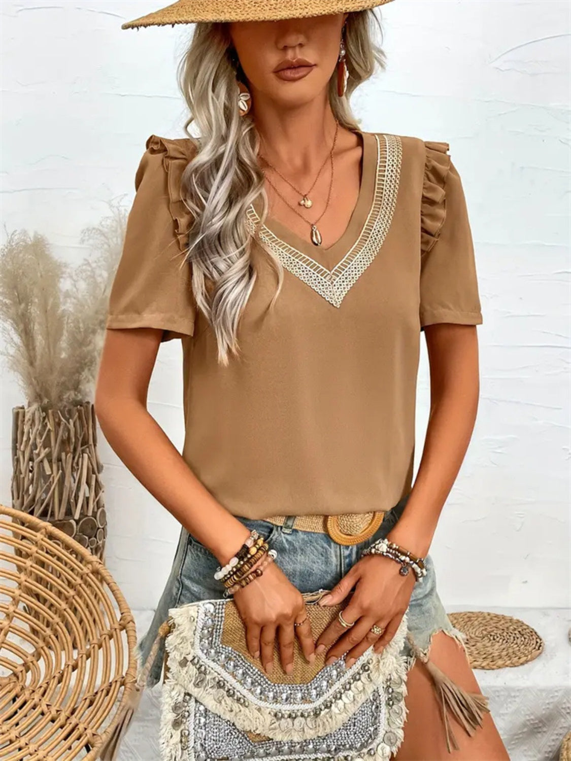 Ruffled V-Neck Short Sleeve Blouse