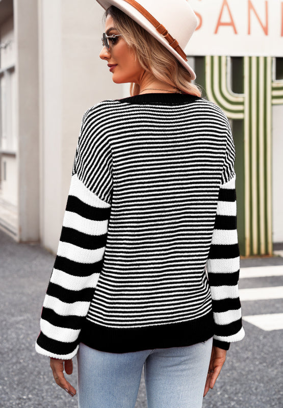 Striped Round Neck Dropped Shoulder Sweater