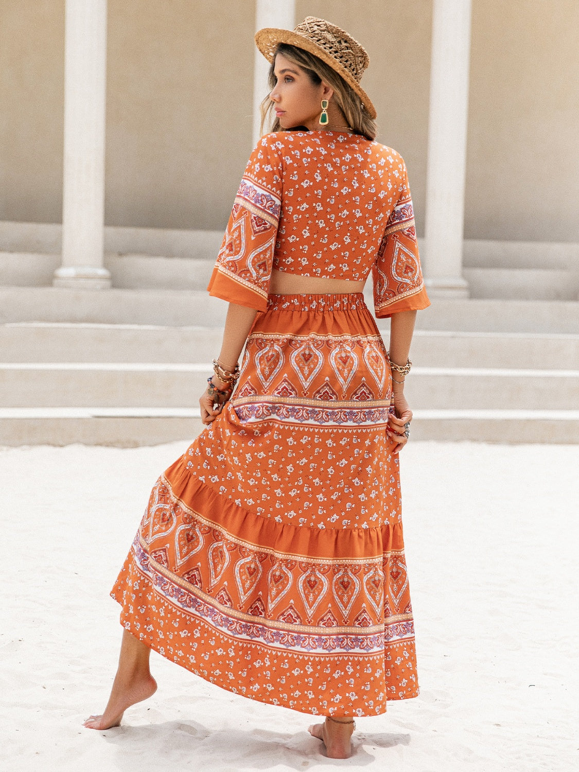 Printed Plunge Half Sleeve Top and Skirt Set