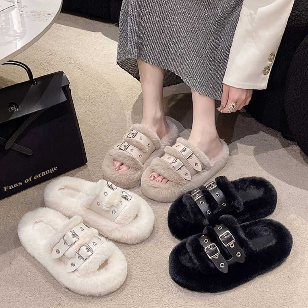 Faux Fur Furry Buckle Slippers