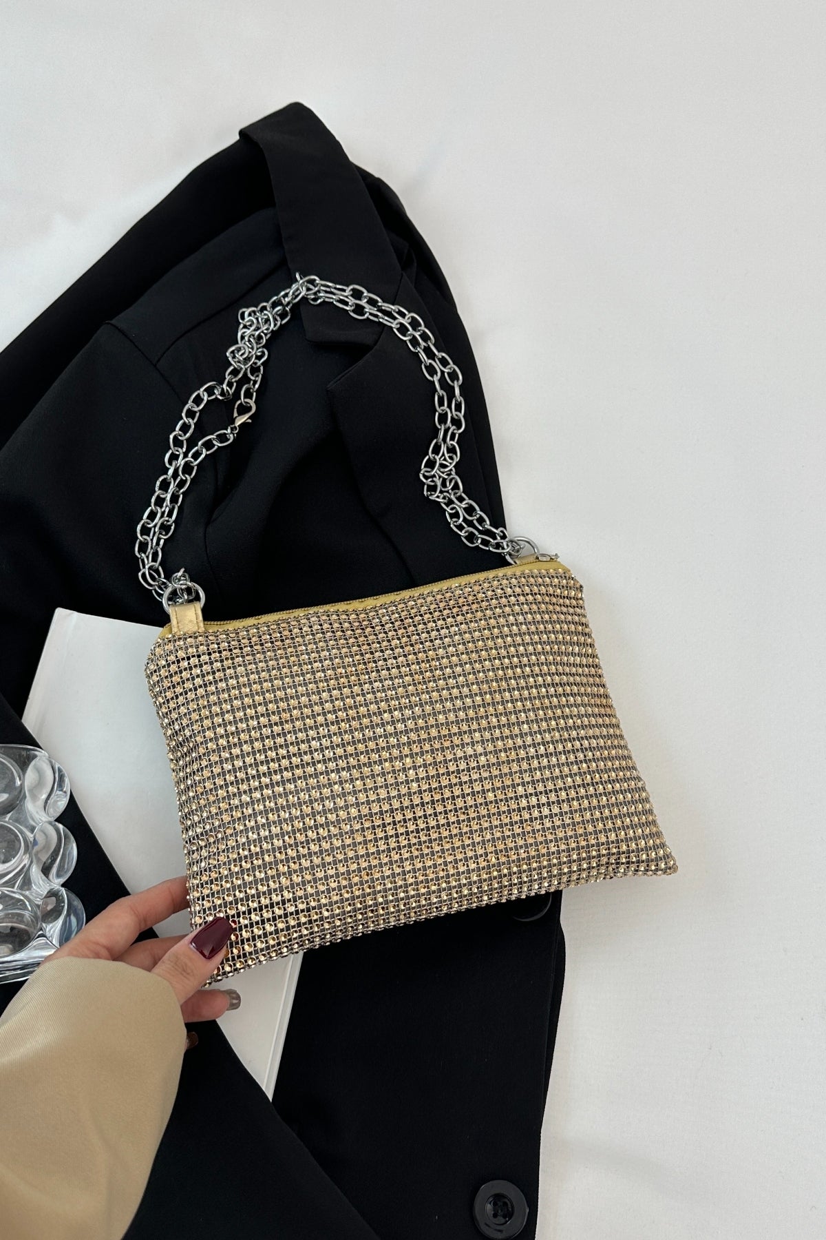 Rhinestone Polyester Chain Crossbody Bag