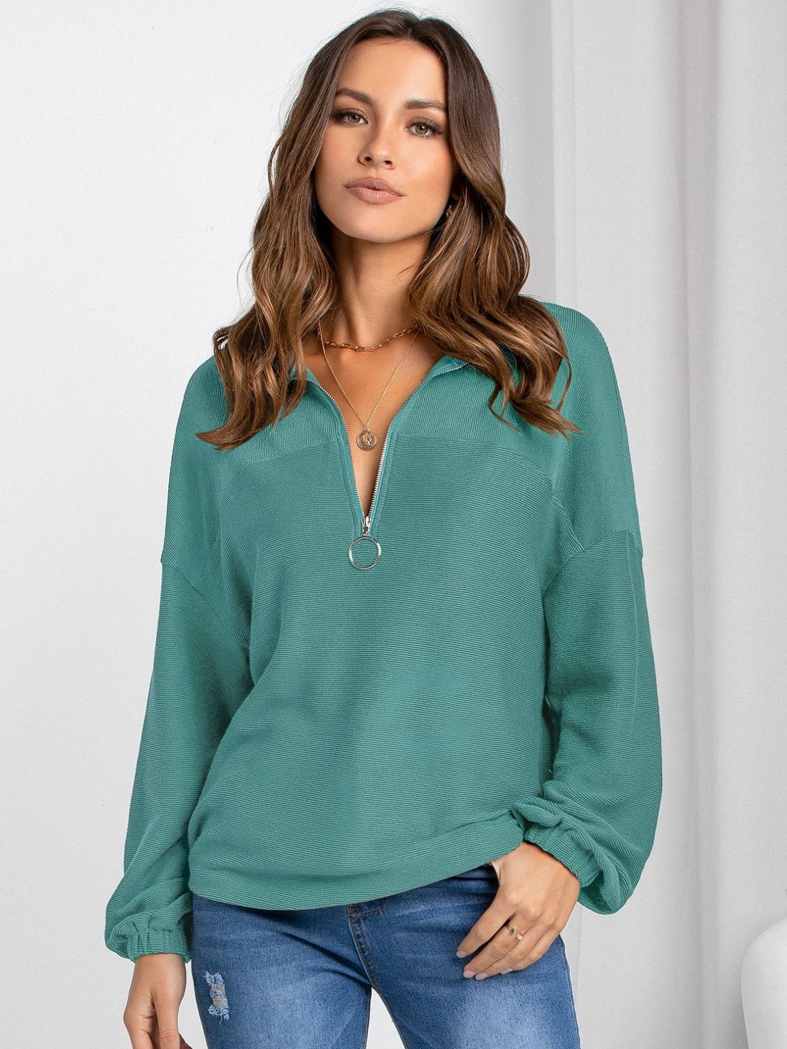 Half Zip Collared Neck Long Sleeve Sweatshirt