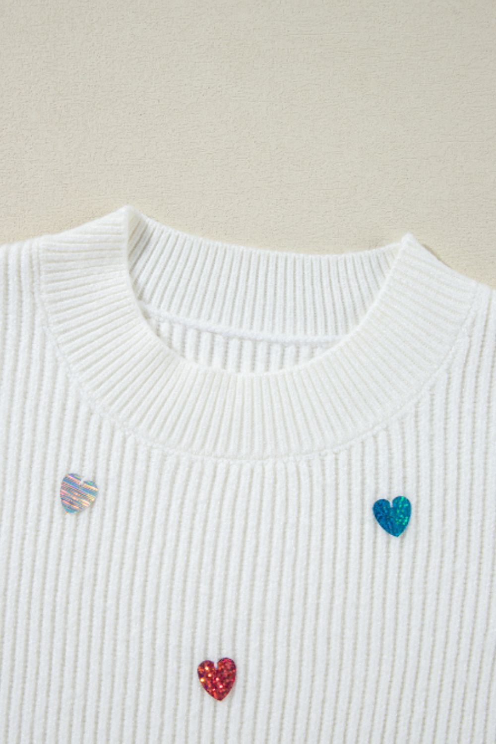 Heart Sequin Round Neck Long Sleeve Sweater