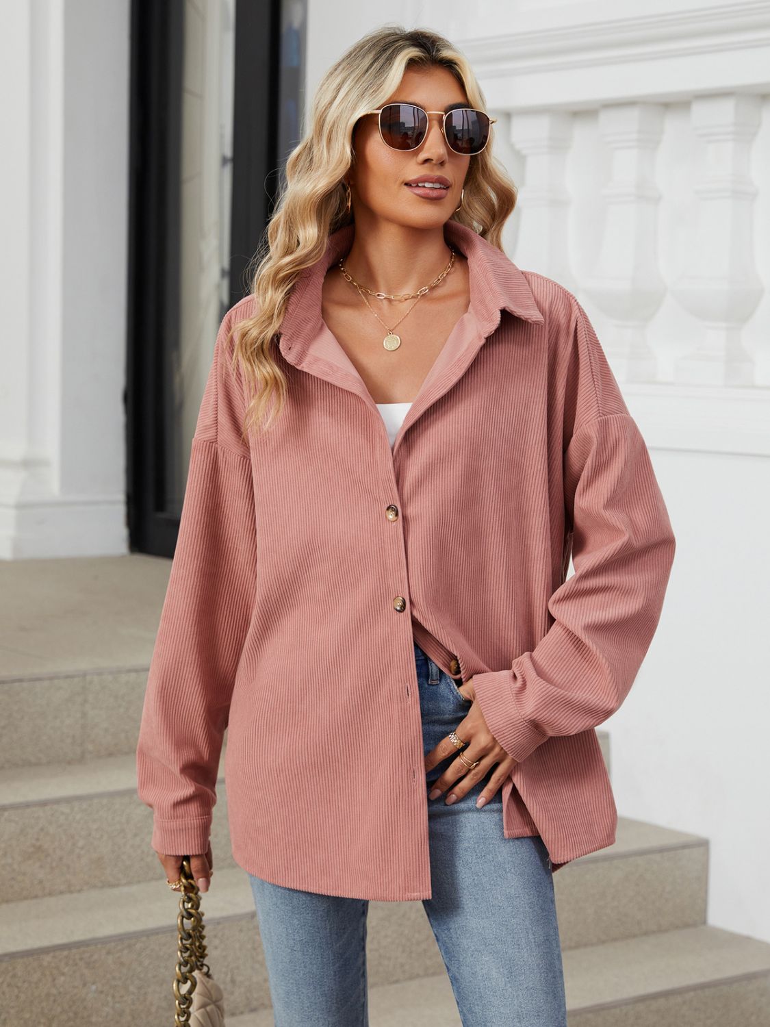 Collared Neck Long Sleeve Dropped Shoulder Shirt