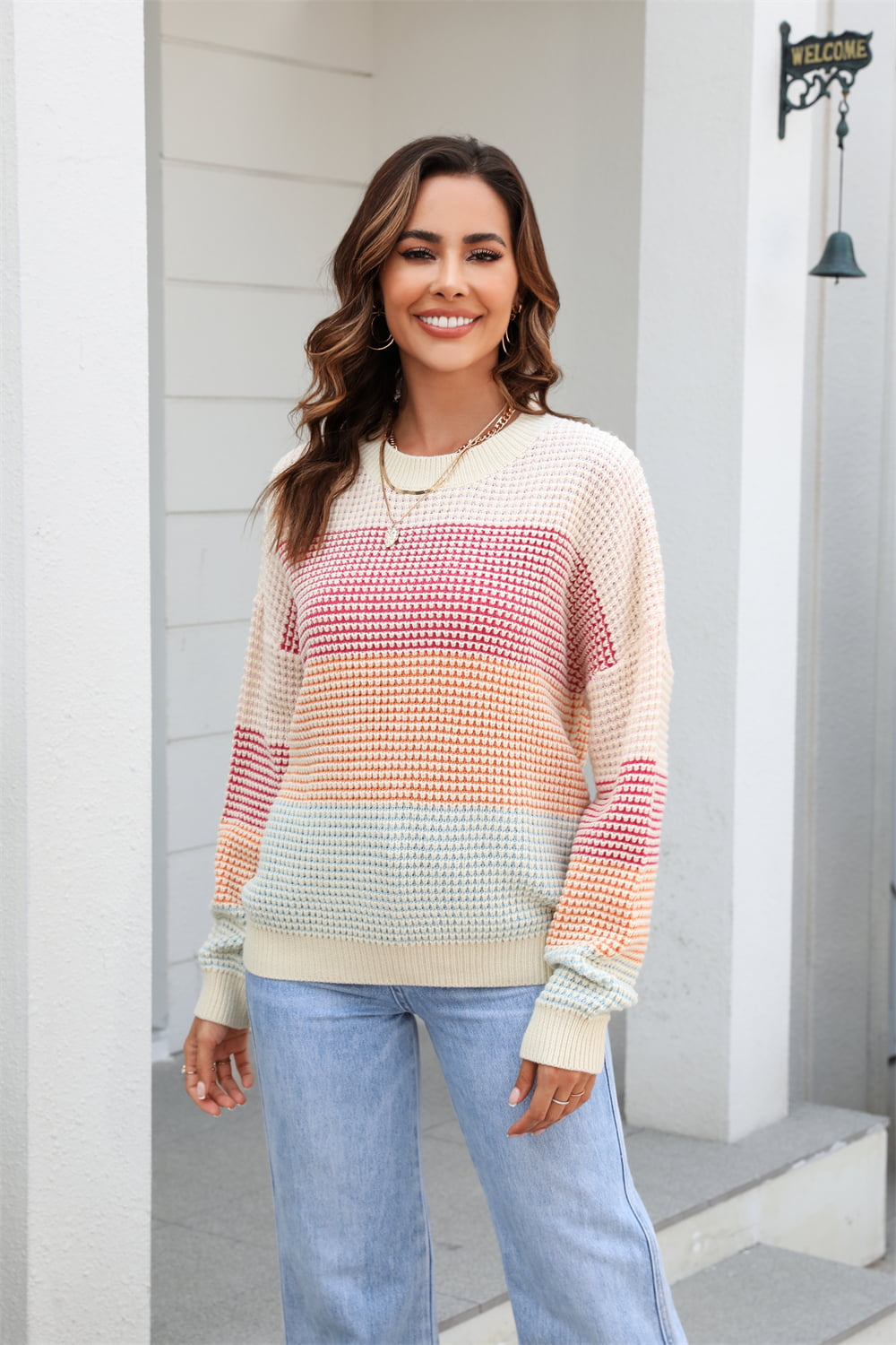 Angel Wings Waffle-Knit Round Neck Dropped Shoulder Color Block Sweater