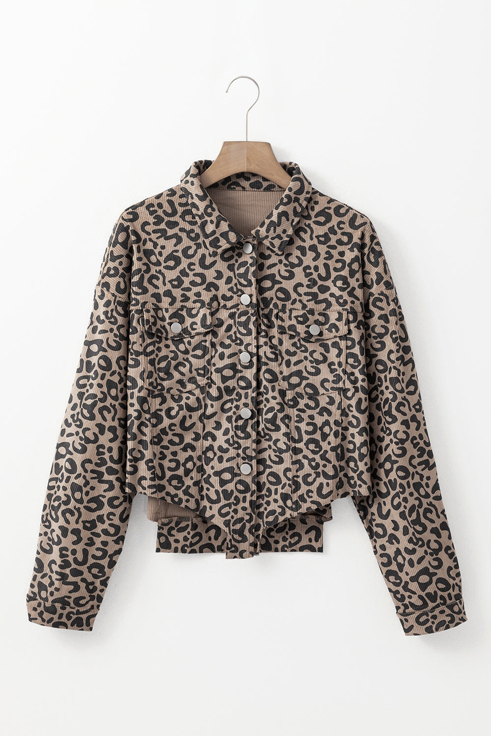 Asymmetrical Hem Collared Neck Leopard Jacket