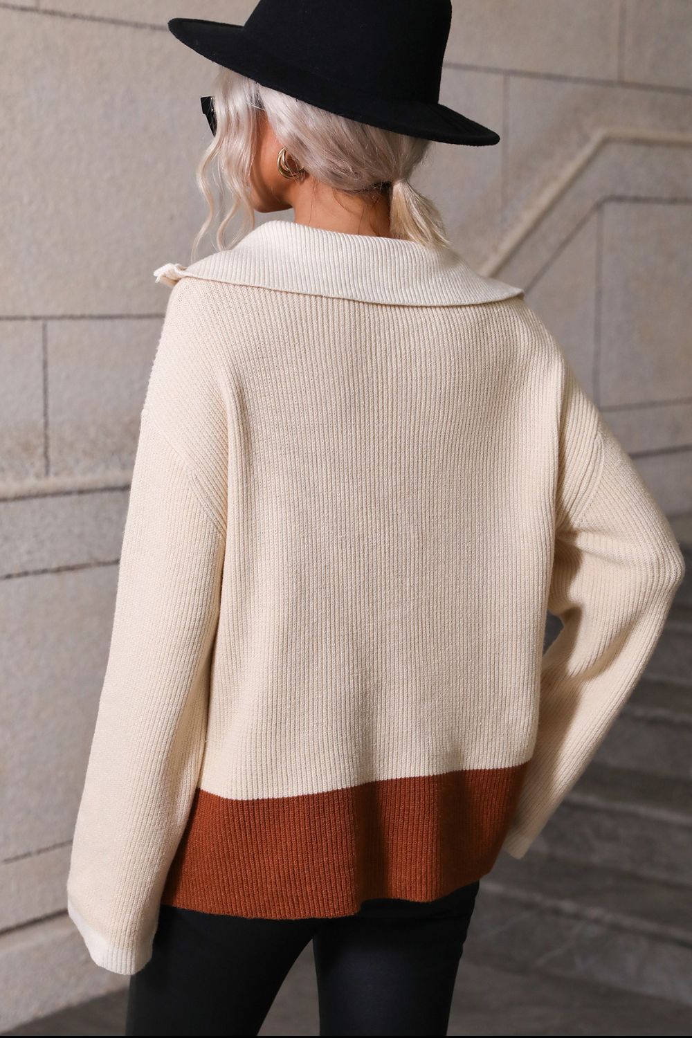 Color Block Half-Zip Dropped Shoulder Knit Pullover