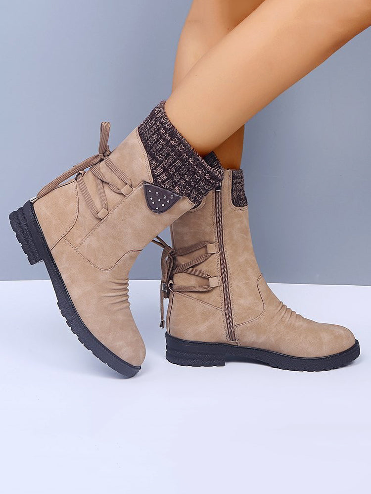 Lace-Up Low Heel Boots with Side Zip