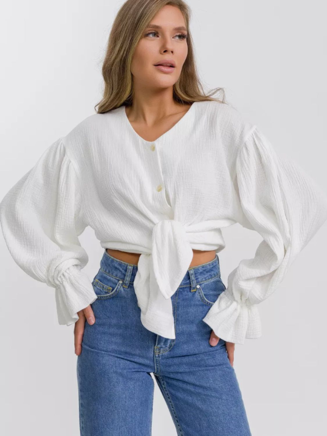 Button Up Flounce Sleeve Shirt