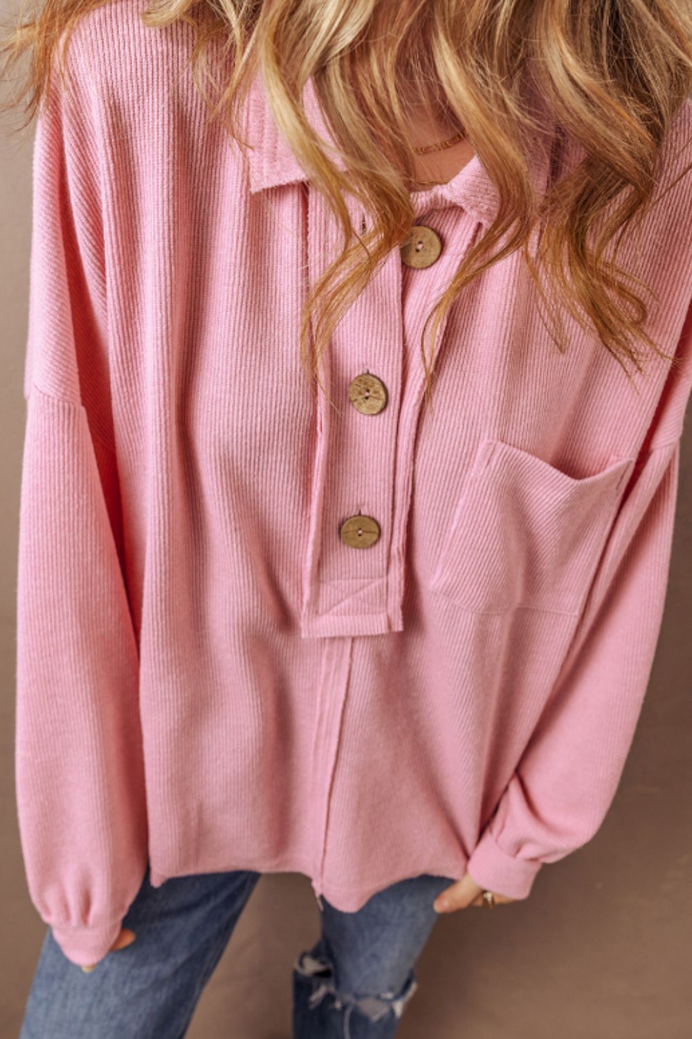 Pocketed Half Button Long Sleeve Sweatshirt