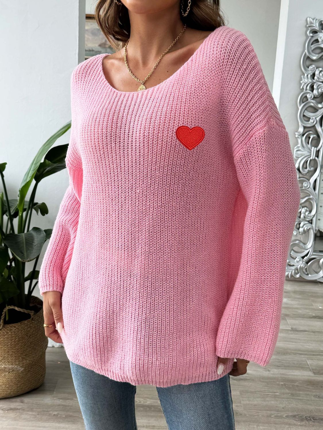 Heart Boat Neck Dropped Shoulder Sweater