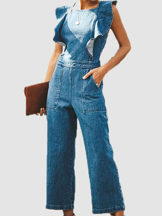 Rückenfreier ärmelloser Jeans-Jumpsuit mit Rüschen