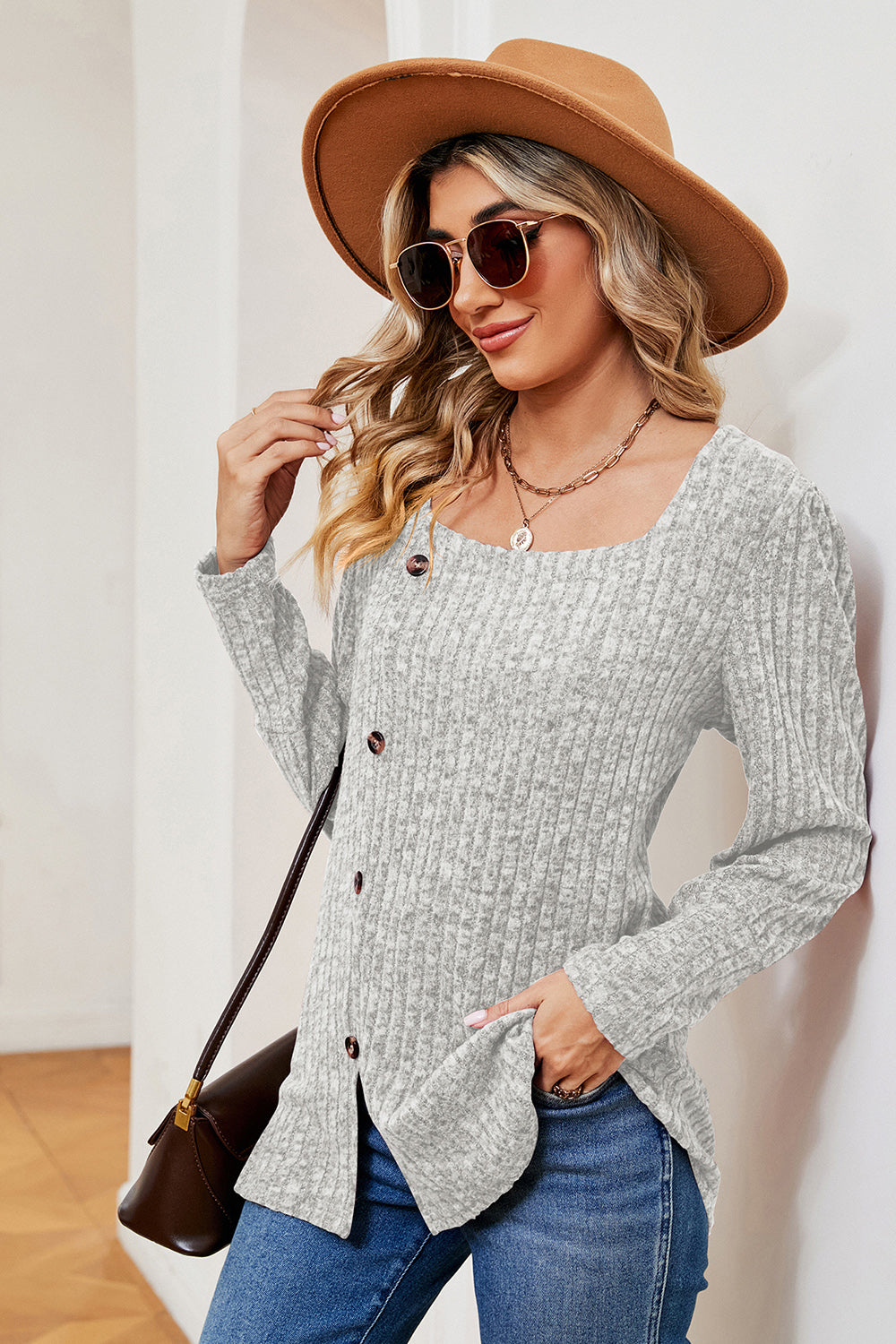 Decorative Button Square Neck T-Shirt