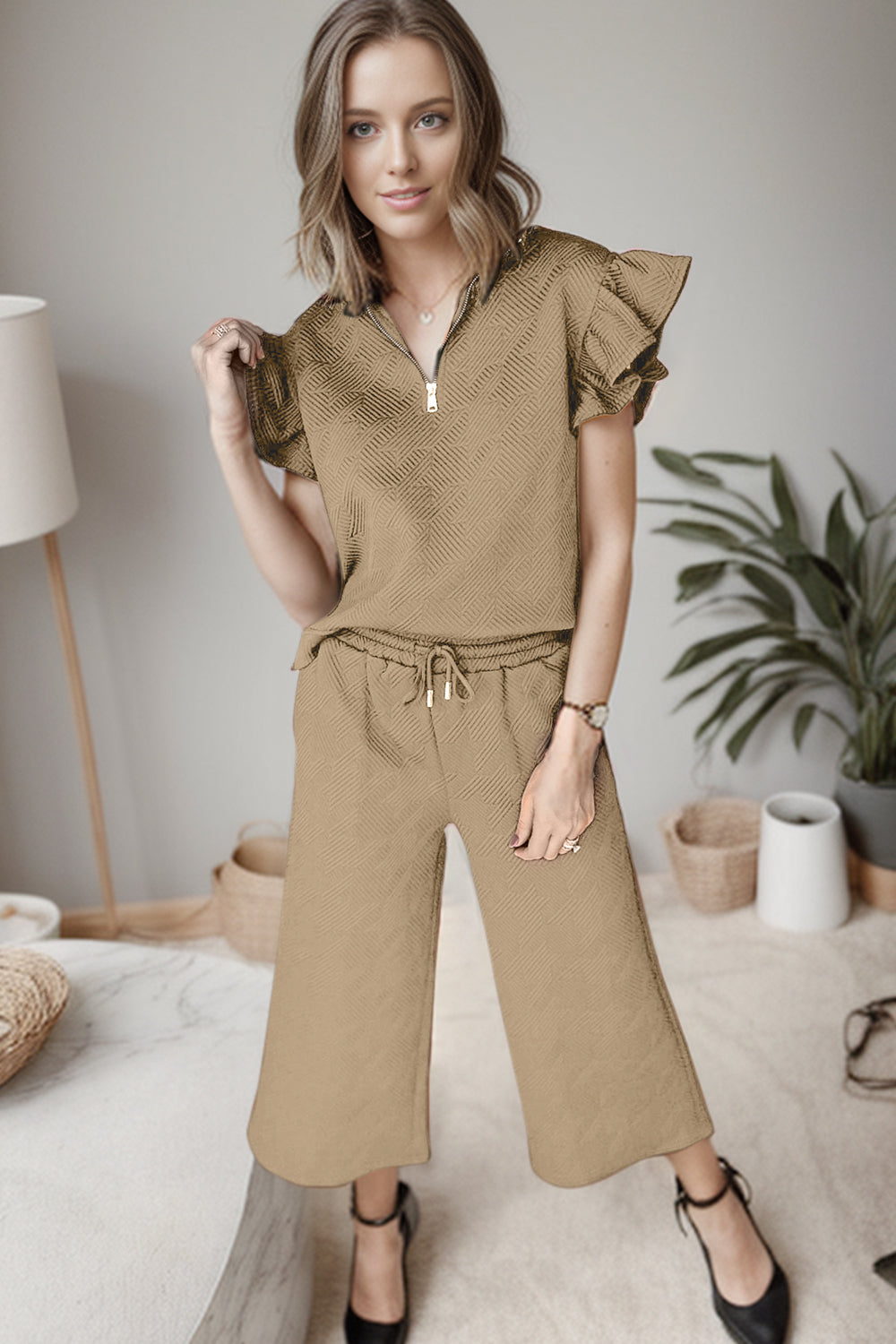 Ruffled Quarter Zip Top and Drawstring Pants Set