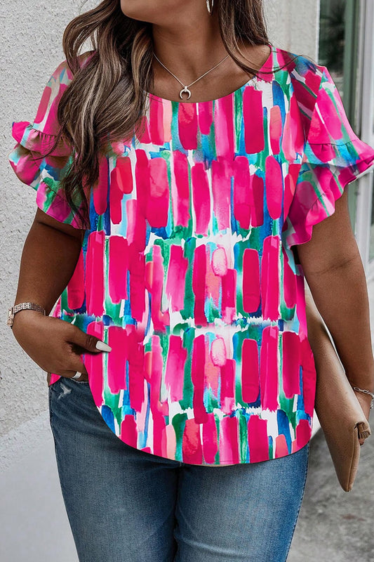 Blusa con manga de pétalo y cuello redondo estampada de talla grande