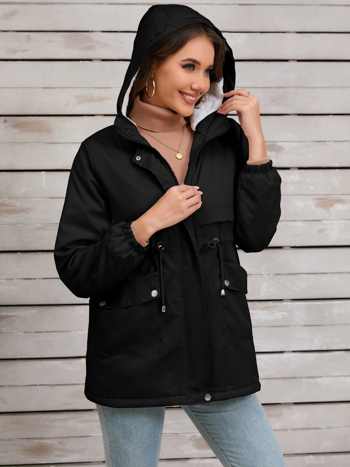 Drawstring Long Sleeve Hooded Jacket