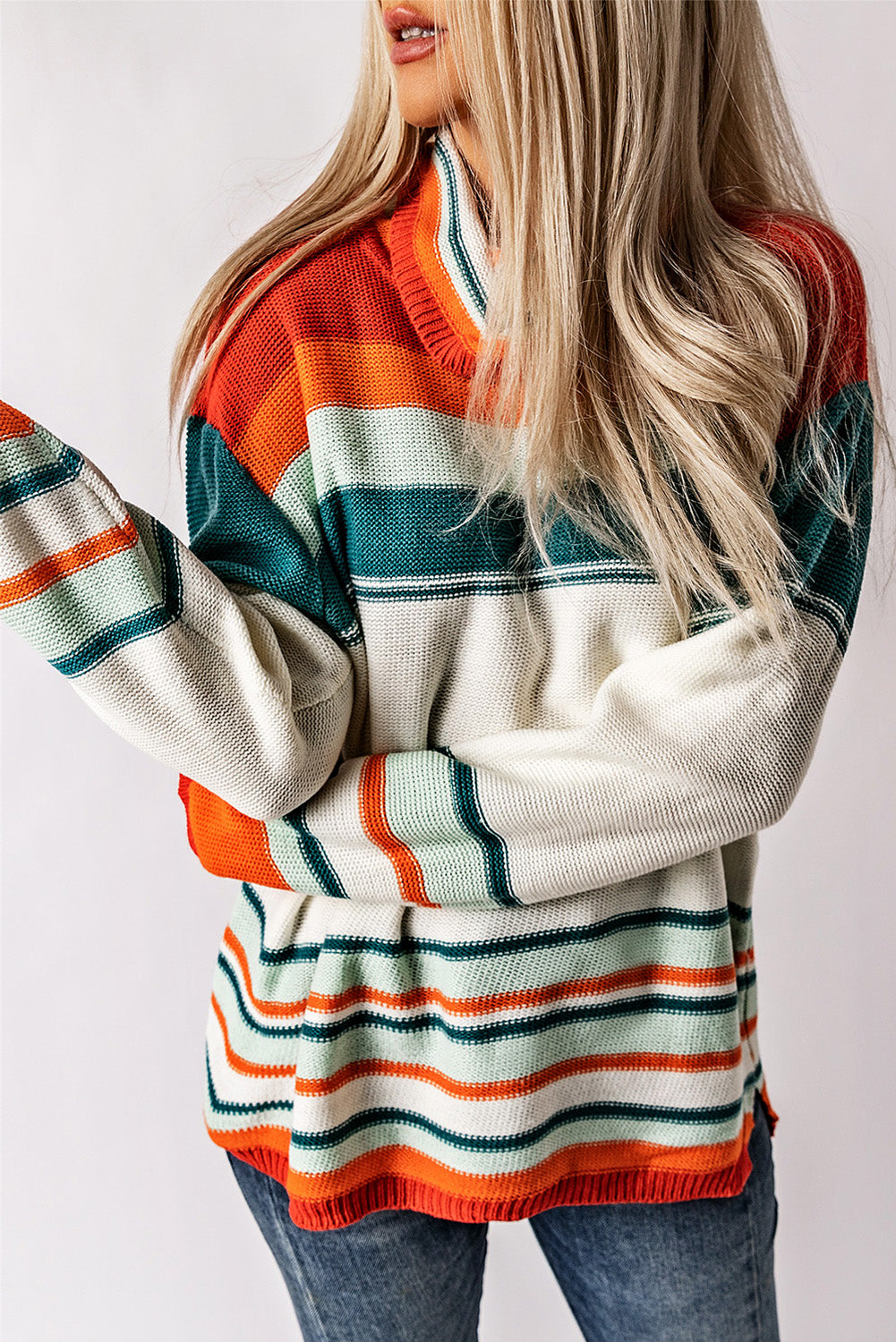 Contrast Striped Turtleneck Dropped Shoulder Sweater