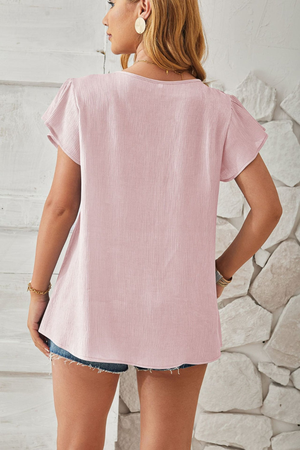 Ruched V-Neck Flounce Sleeve Blouse