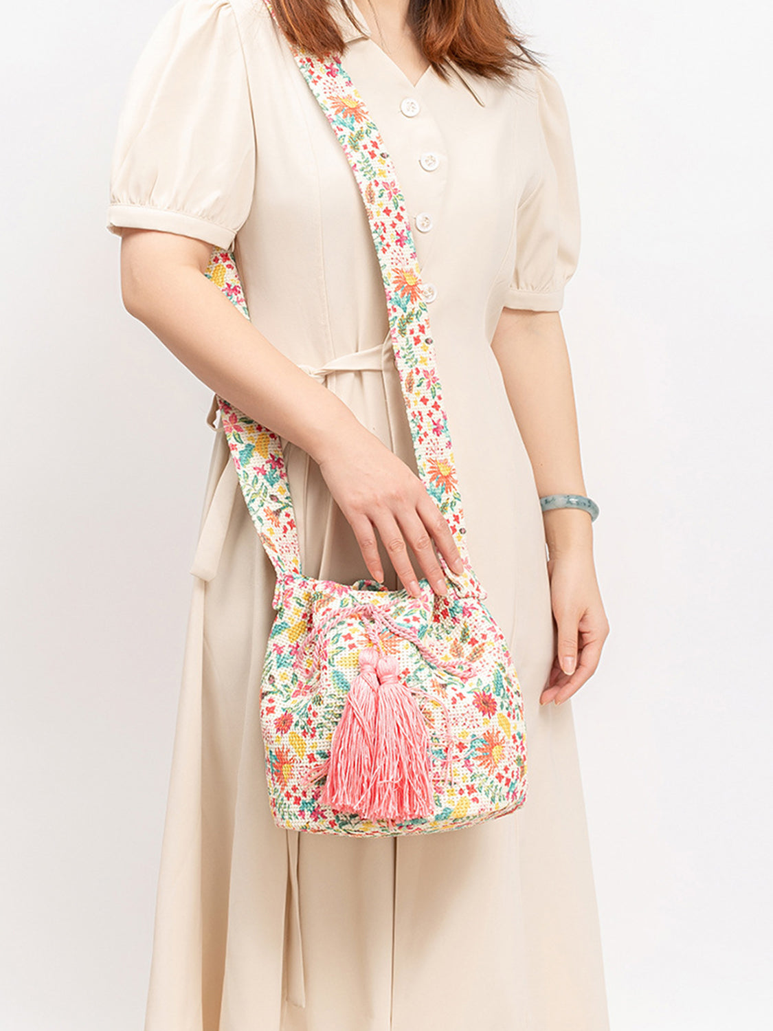 Drawstring Tassel Geometric Shoulder Bag