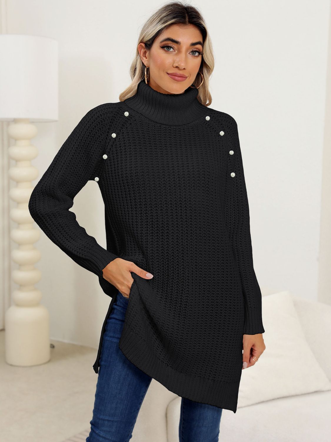 Slit Turtleneck Long Sleeve Sweater