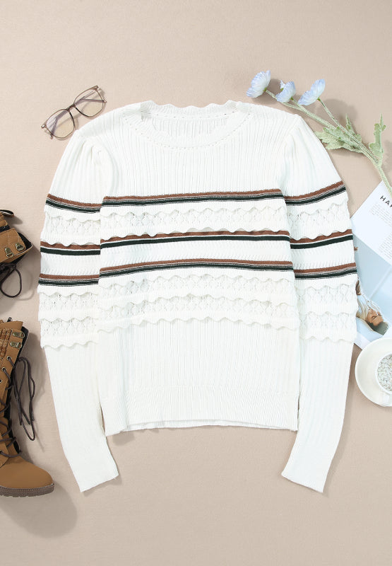 Striped Hollow Out Round Neck Long Sleeve Sweater