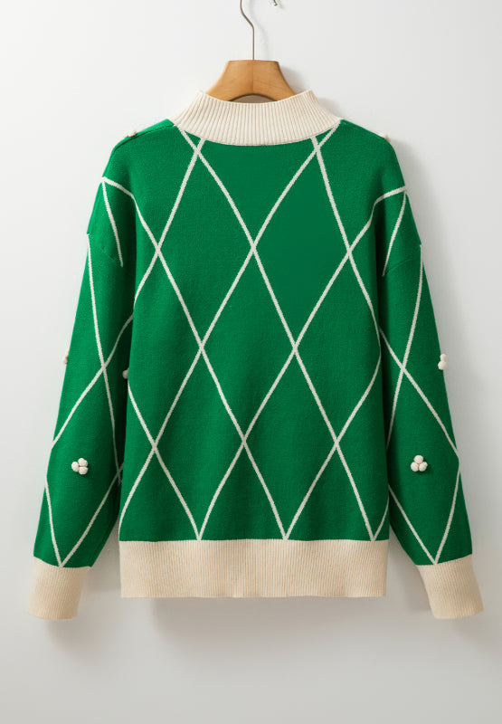 Diamond Pattern Contrast Trim Mock Neck Sweater