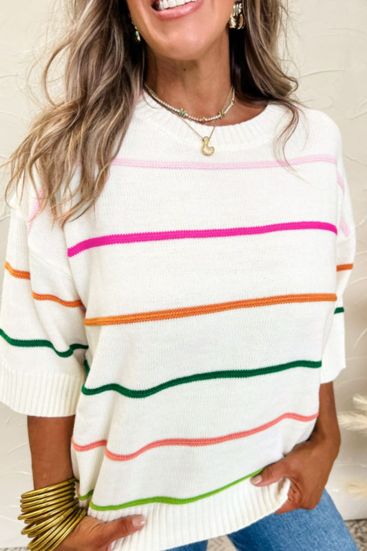 Striped Half Sleeve Drop Shoulder Sweater