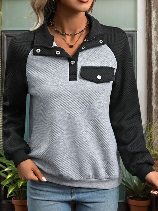 Perfee Contrast Textured Long Sleeve Sweatshirt