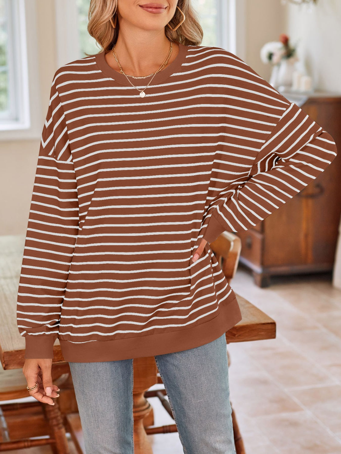 Striped Round Neck Long Sleeve Sweatshirt