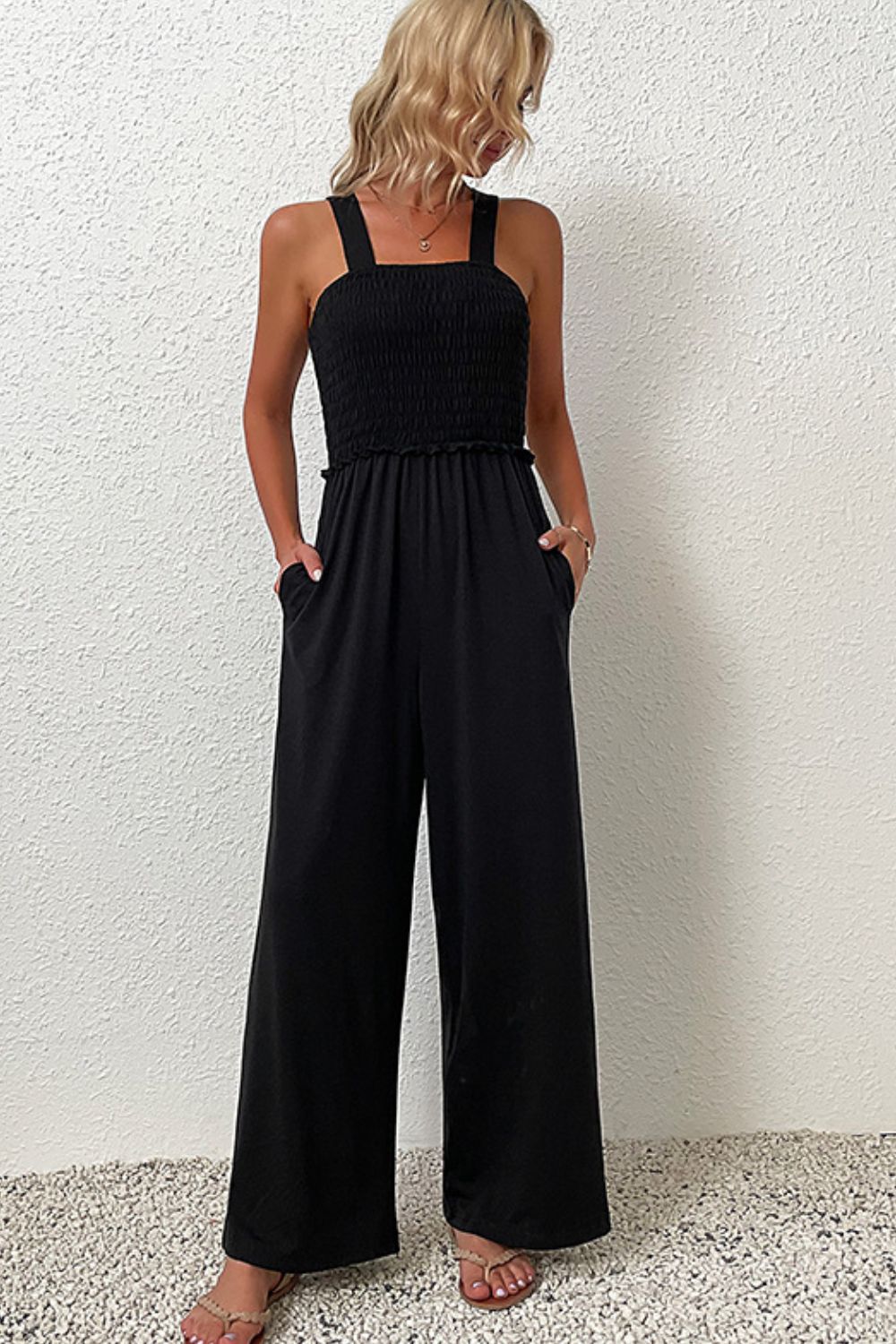 Smocked Sleeveless Wide Leg Jumpsuit with Pockets