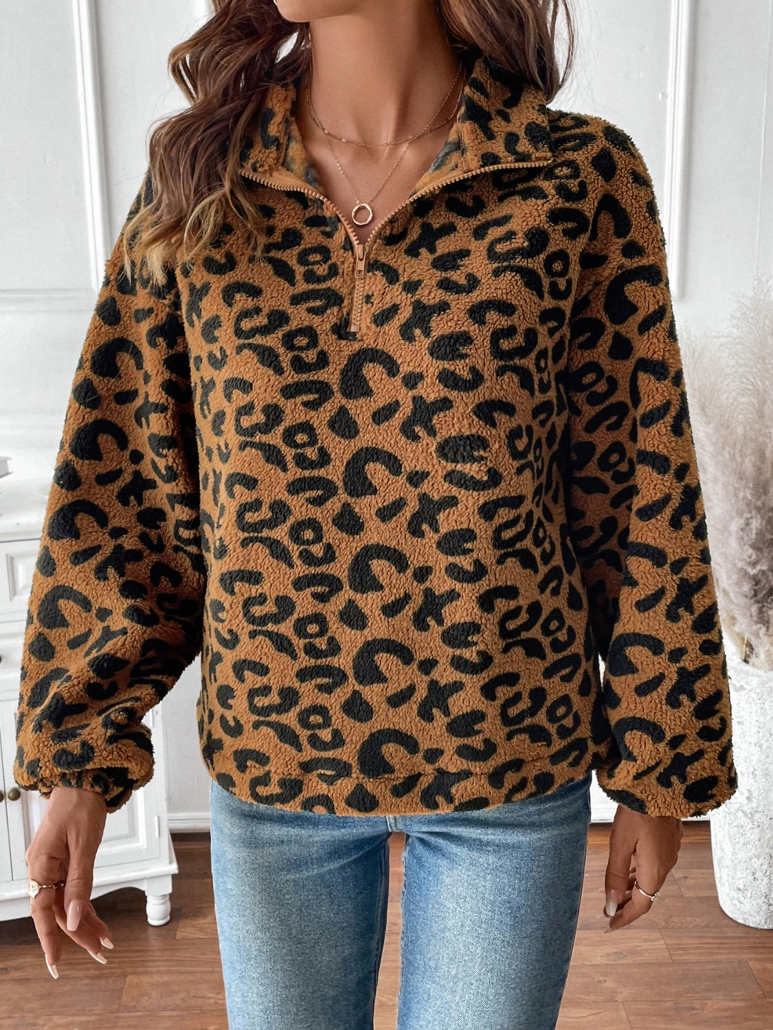 Leopard Half Zip Long Sleeve Sweatshirt