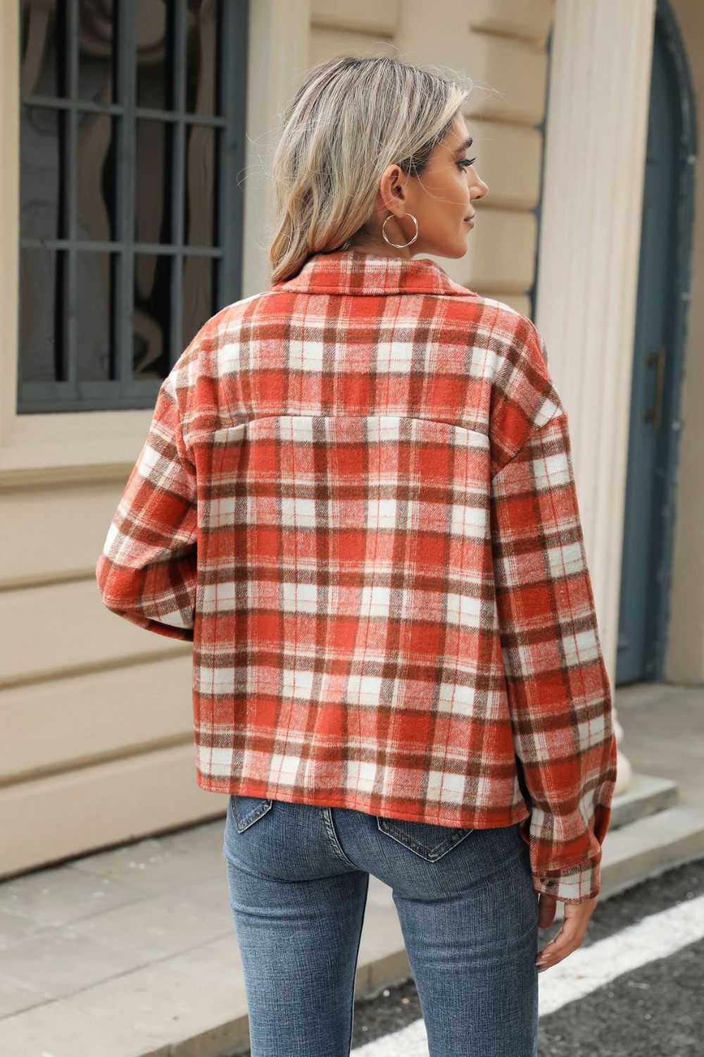 Pocketed Plaid Collared Neck Dropped Shoulder Jacket