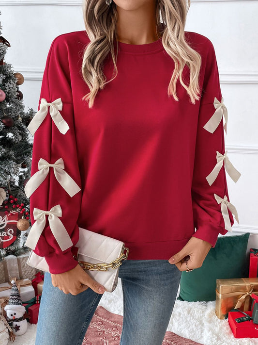 Perfee Bow Round Neck Long Sleeve Sweatshirt