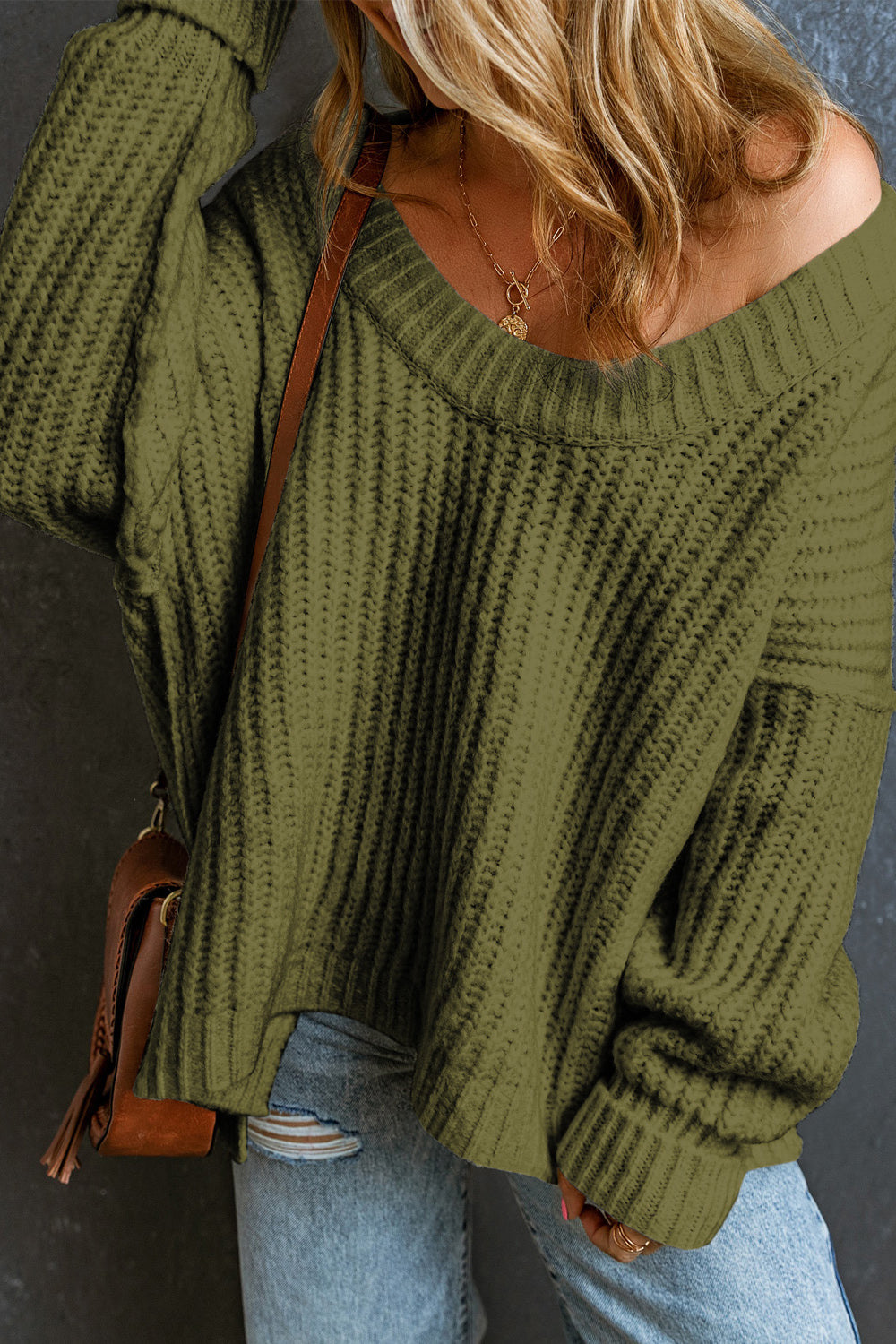 Ribbed Round Neck Dropped Shoulder Sweater