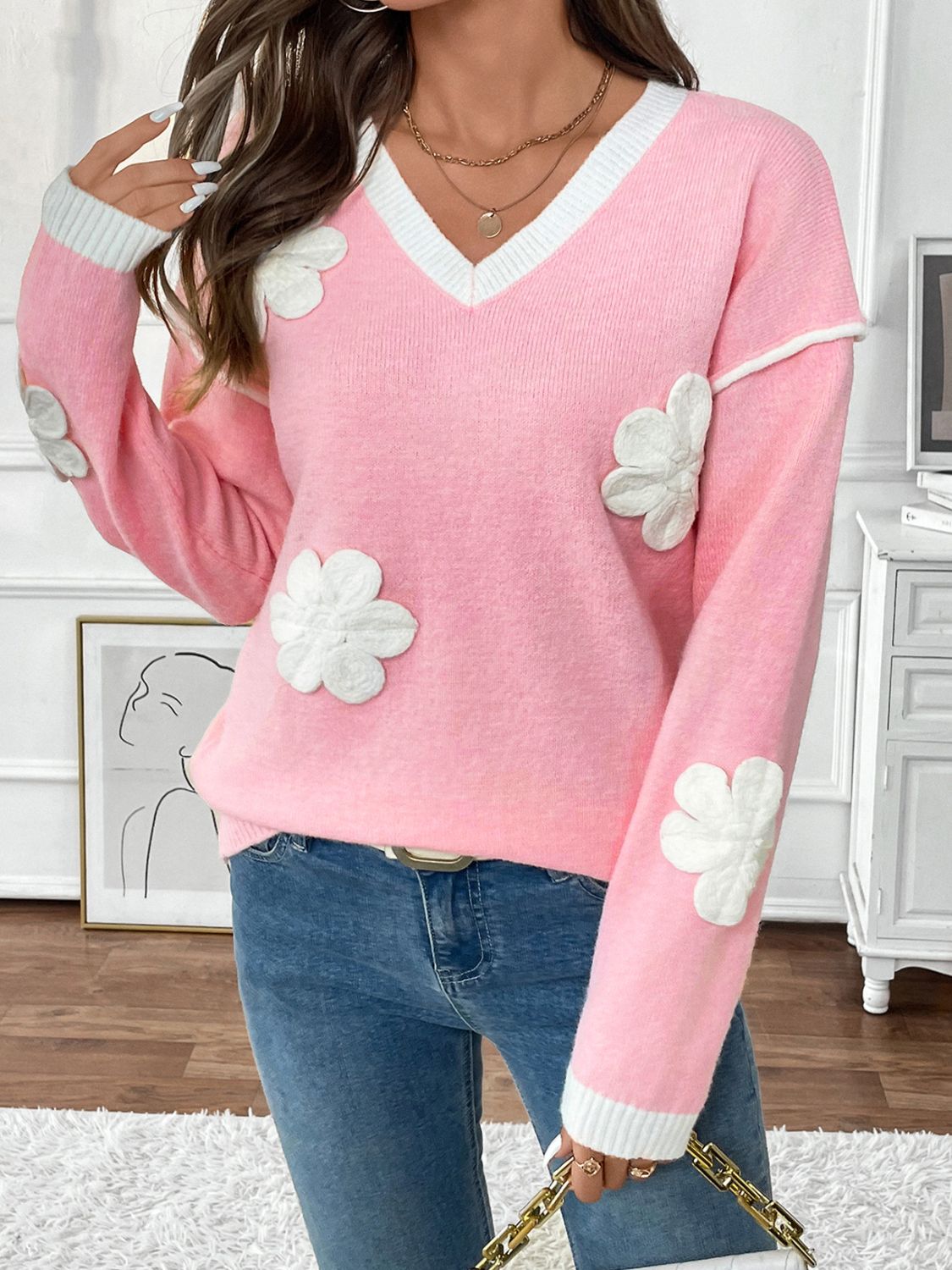 Perfee Flower V-Neck Long Sleeve Sweater