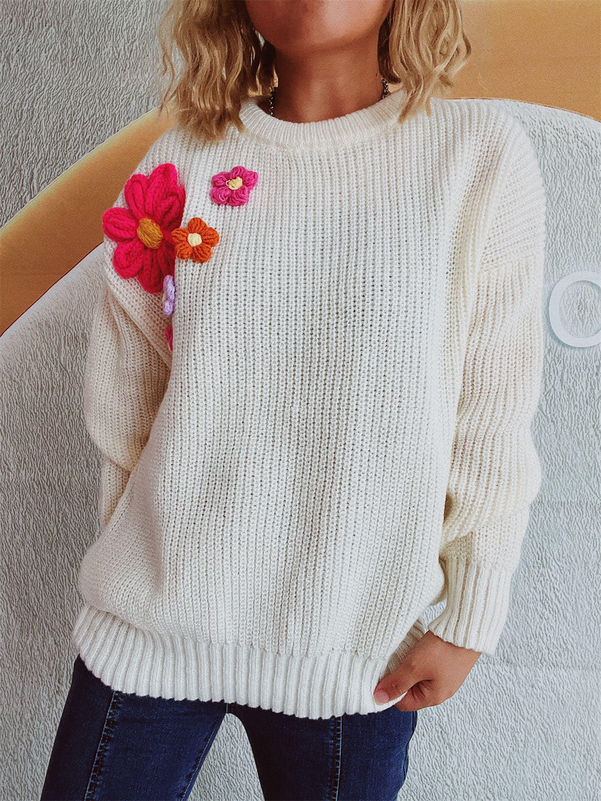 Crochet Flower Round Neck Dropped Shoulder Sweater