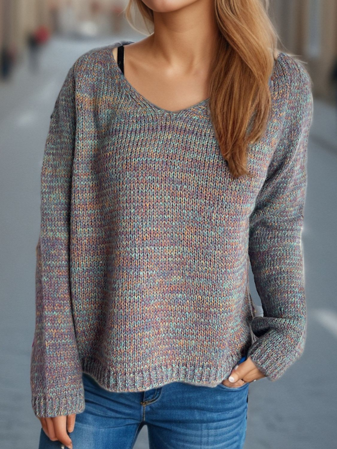 Heathered V-Neck Long Sleeve Sweater