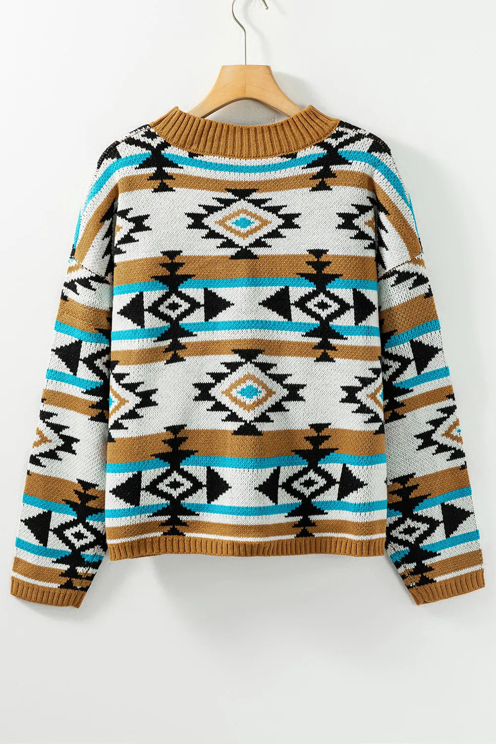 Full Size Geometric Round Neck Long Sleeve Sweater