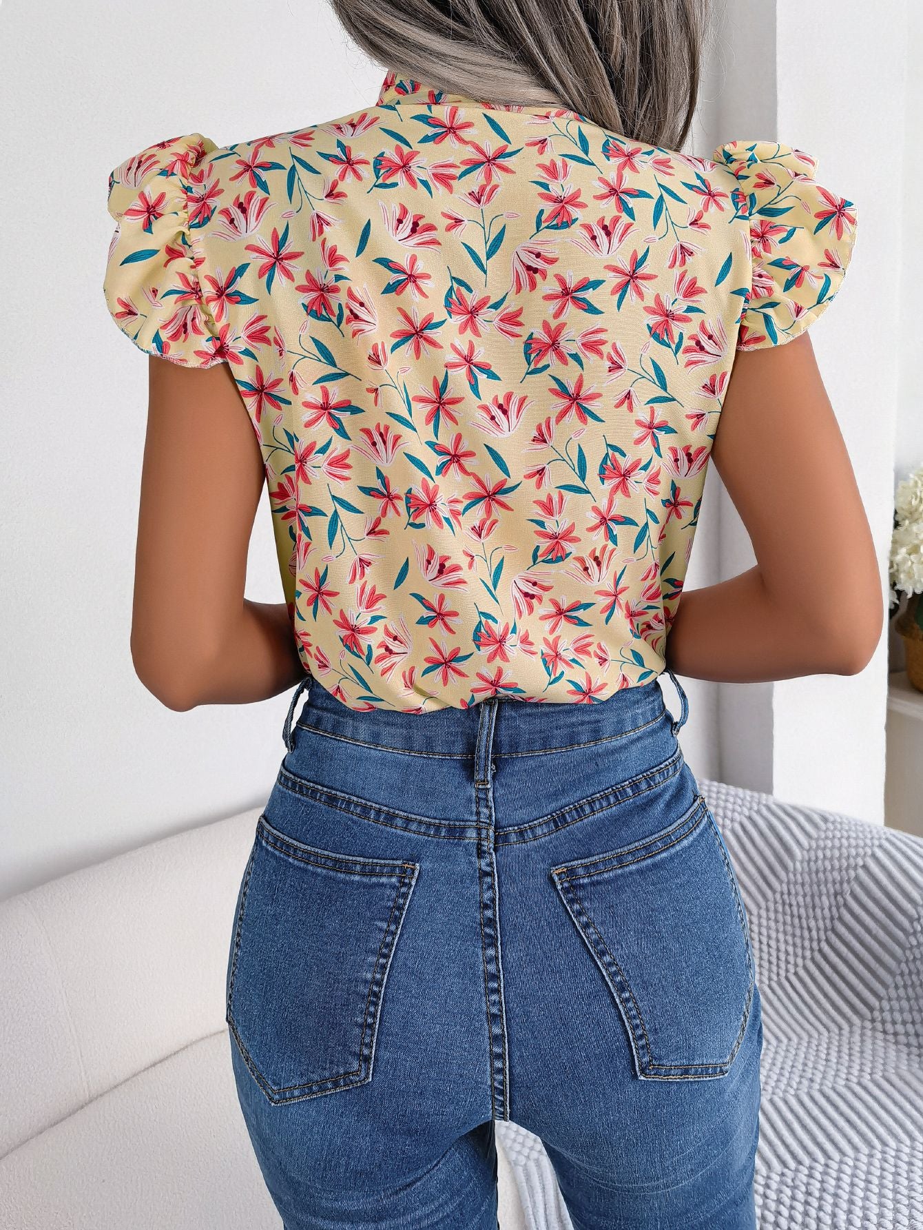 Floral Tie Neck Flutter Sleeve Blouse