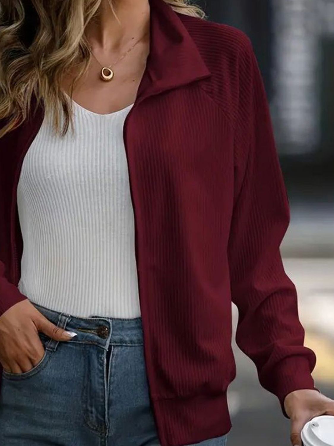 Zip Up Collared Neck Raglan Sleeve Jacket