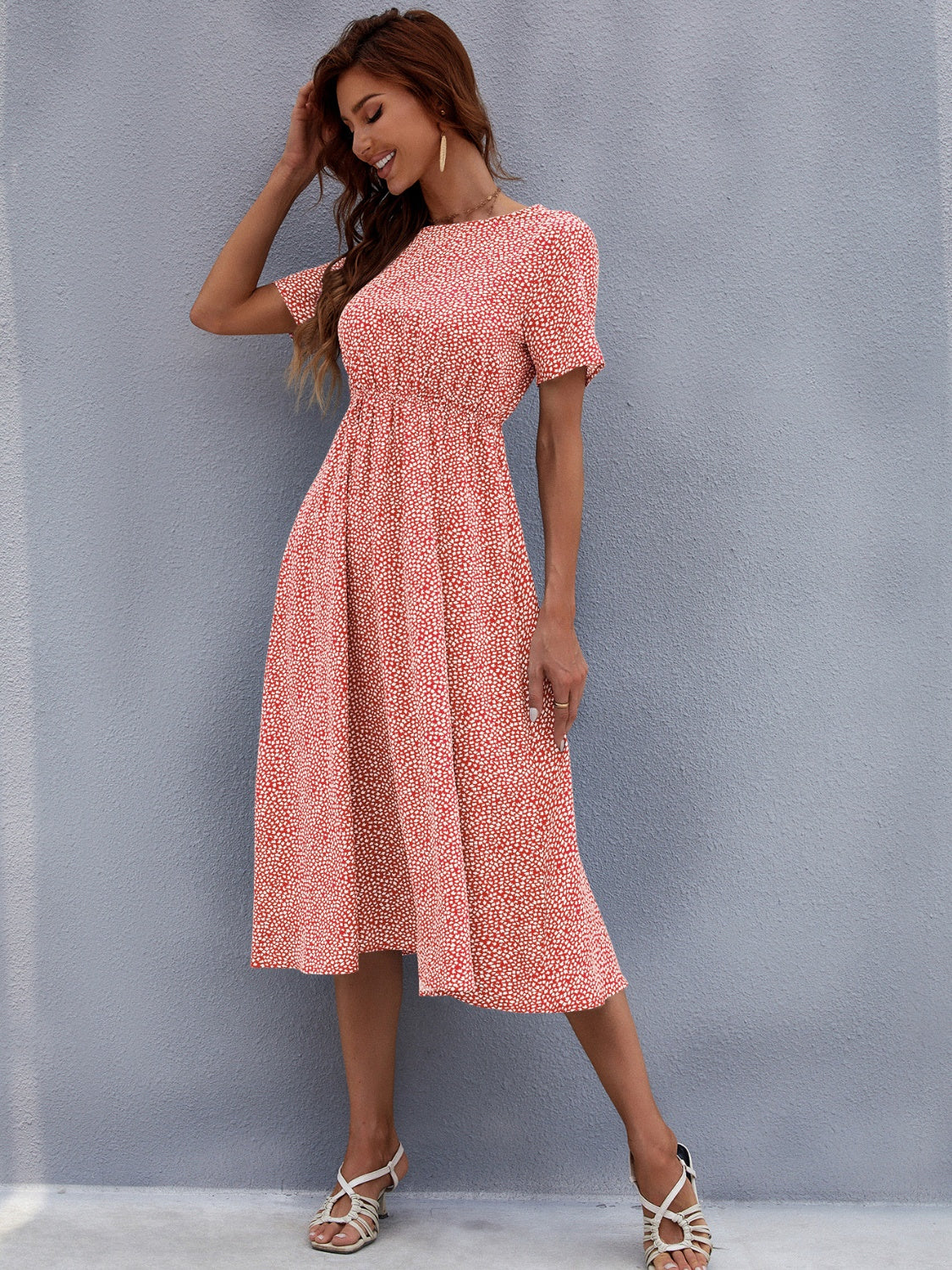 Printed Round Neck Short Sleeve Midi Dress