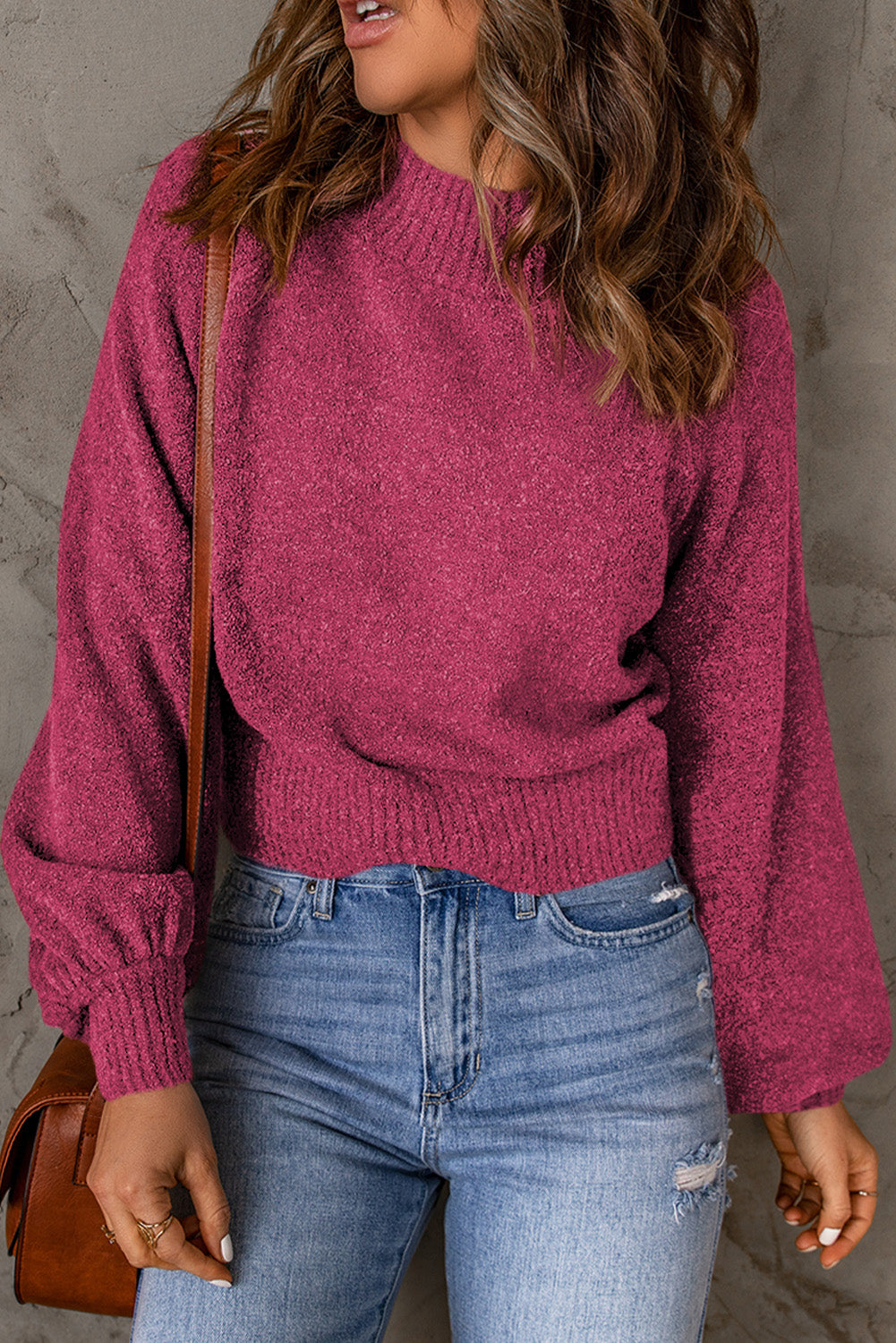 Ribbed Trim Balloon Sleeve Sweater