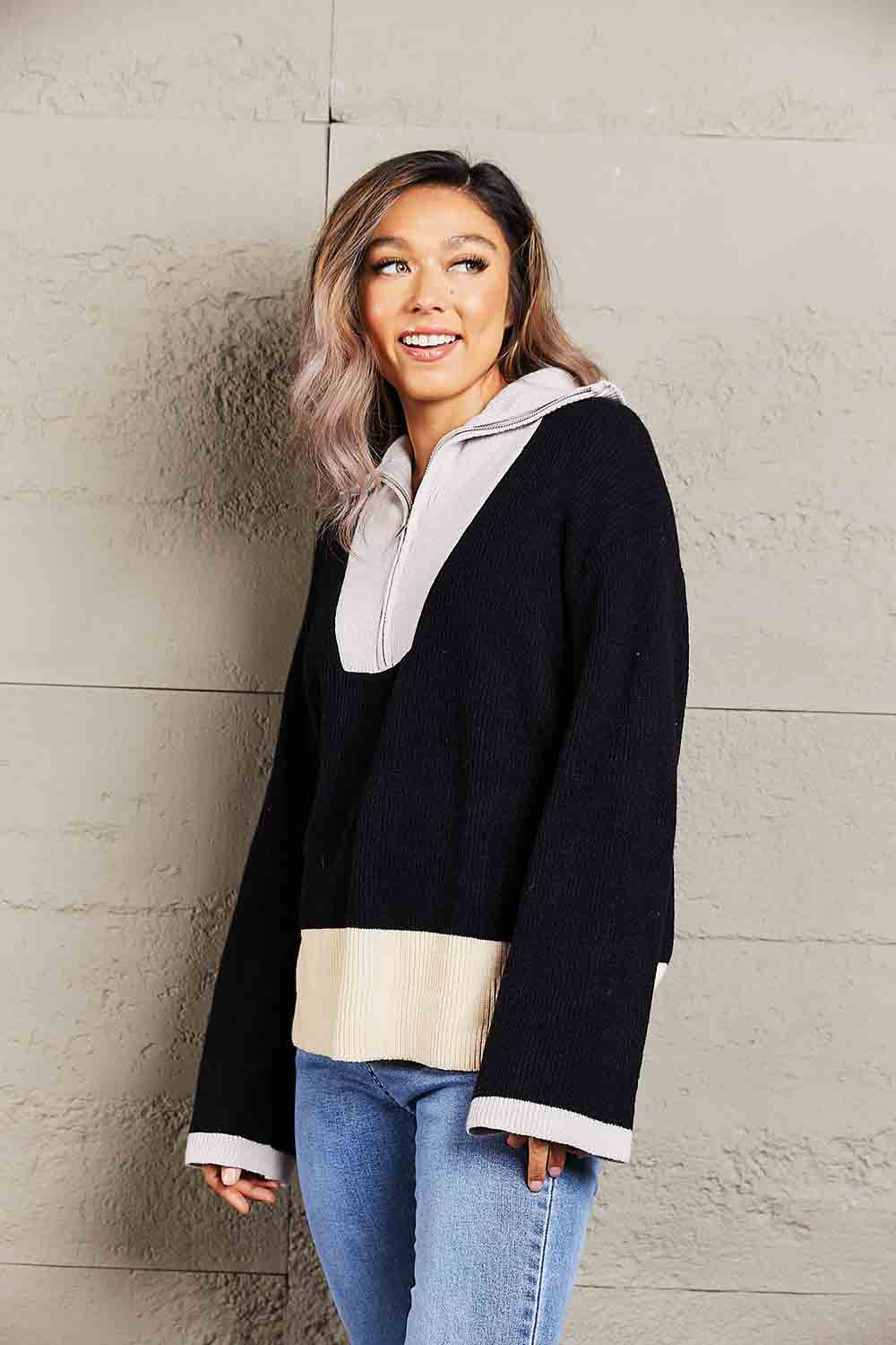 Color Block Half-Zip Dropped Shoulder Knit Pullover