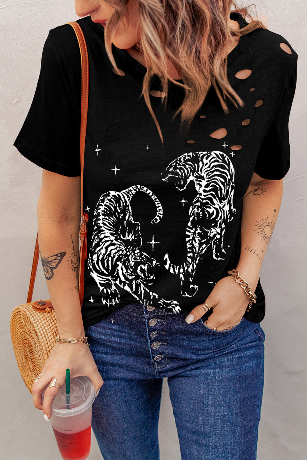 Cutout Graphic Round Neck Short Sleeve T-Shirt