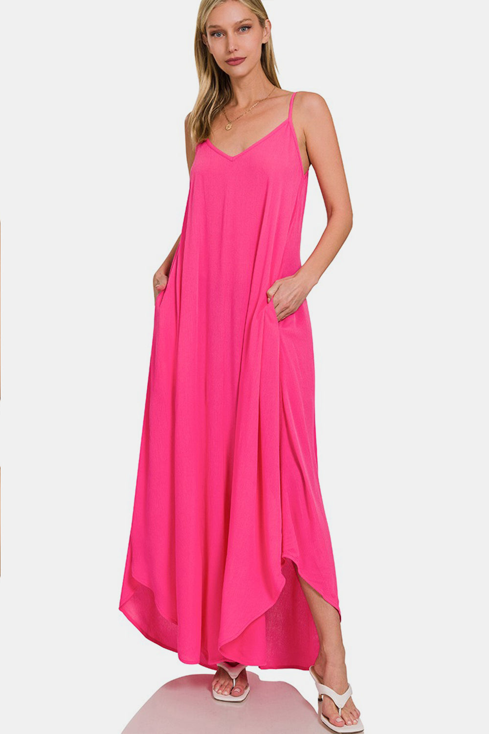 Zenana Woven Cami Maxi Dress with Side Pockets