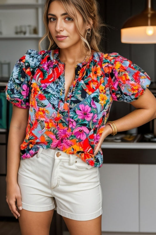 Ruffled Printed Tie Neck Short Sleeve Blouse