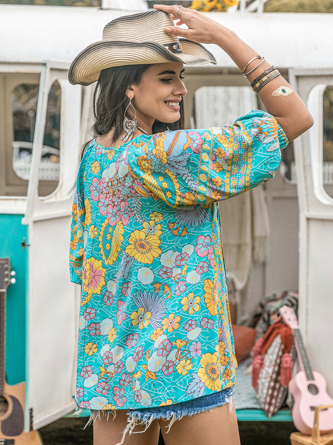 Printed Tie Neck Half Sleeve Blouse