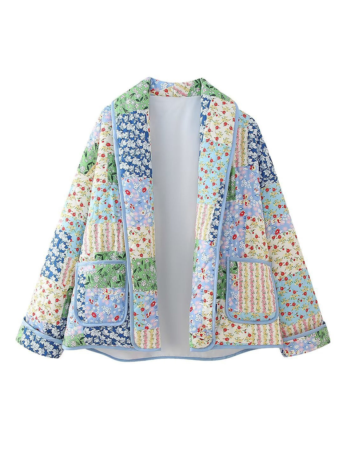 Printed Patchwork Open Front Cardigan with Pockets