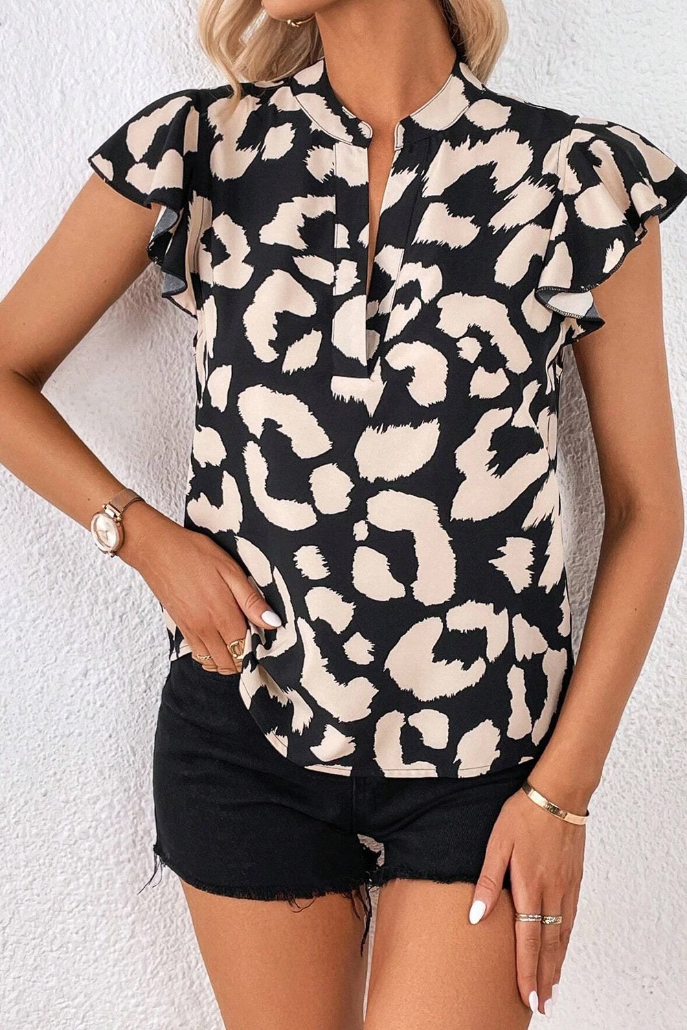 Leopard Notched Cap Sleeve Blouse